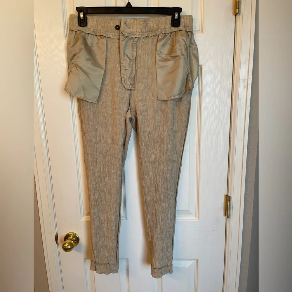 ZARA Textured Taupe Ankle Pants Women’s L Crinkle Fabric‎ Modern Spring